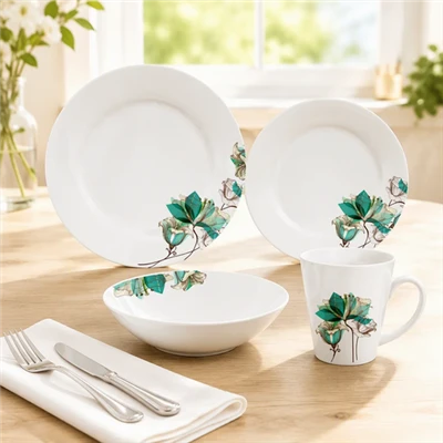 Elegancki zestaw obiadowy z zielonej porcelany w kwiatowe wzory