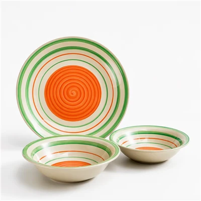 Ręcznie malowany zestaw naczyń obiadowych z kamionki, okrągłe talerze i miski ceramiczne